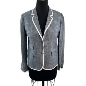 J.Crew Gray White Schoolboy Blazer Tipped Linen Notch Lapel Single Breasted Sz 4
